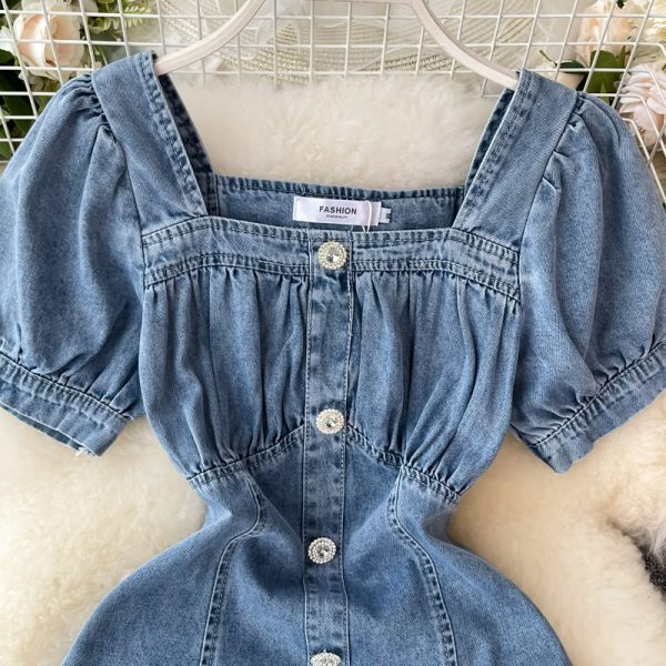 Summer New Temperament Square Collar Puff Sleeve Waist Slimming Small A- line Skirt Denim French Dress - Image 3