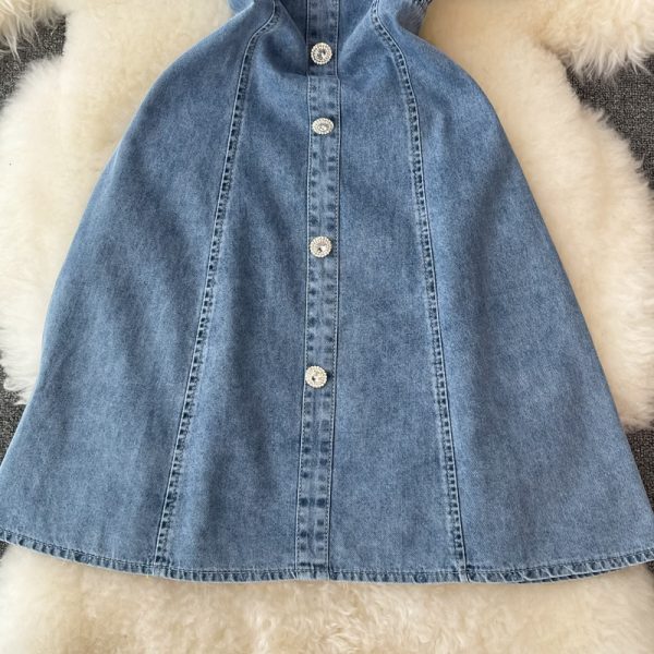 Summer New Temperament Square Collar Puff Sleeve Waist Slimming Small A- line Skirt Denim French Dress - Image 4