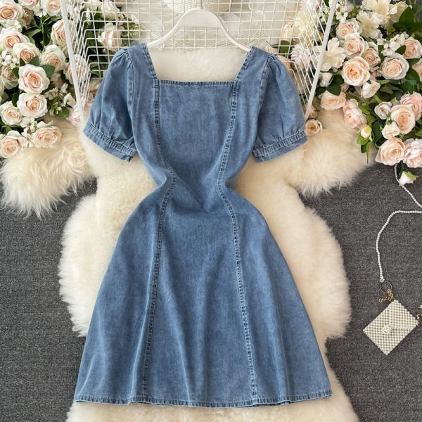 Summer New Temperament Square Collar Puff Sleeve Waist Slimming Small A- line Skirt Denim French Dress - Image 5