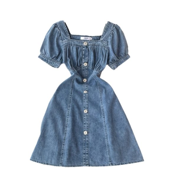 Summer New Temperament Square Collar Puff Sleeve Waist Slimming Small A- line Skirt Denim French Dress - Image 6
