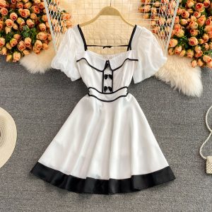 Summer New Hepburn Court Style Graceful Puff Sleeve Bow High Waist Super-Fairy Petite Dress for Women