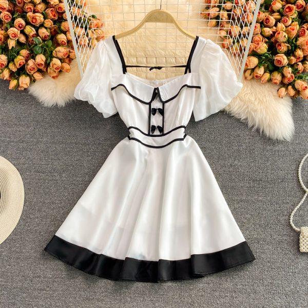 Summer New Hepburn Court Style Graceful Puff Sleeve Bow High Waist Super-Fairy Petite Dress for Women
