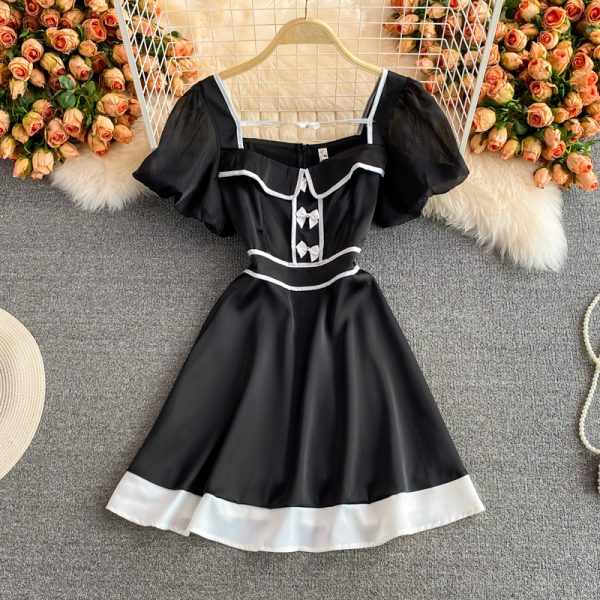 Summer New Hepburn Court Style Graceful Puff Sleeve Bow High Waist Super-Fairy Petite Dress for Women - Image 3