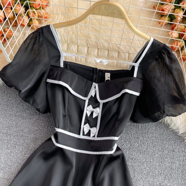 Summer New Hepburn Court Style Graceful Puff Sleeve Bow High Waist Super-Fairy Petite Dress for Women - Image 4