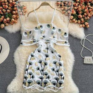 Summer New Socialite Temperament Sexy off-the-Shoulder Ruffled Suspender Dress off-Shoulder Embroidered Sheath Dress