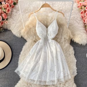 Summer New Sexy Nightclub Sexy Glitter V-neck Brace Low-Cut Dress Waist-Tight Slimming A- line Skirt