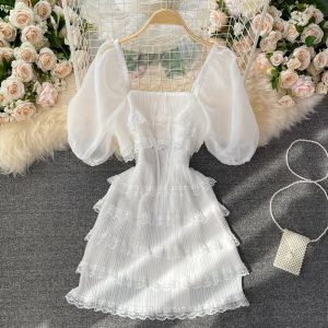 Gentle First Love Dress Summer New French Beach Seaside Vacation White Square-Cut Collar Cake Dress