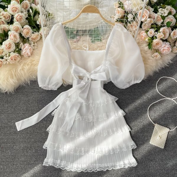 Gentle First Love Dress Summer New French Beach Seaside Vacation White Square-Cut Collar Cake Dress - Image 5