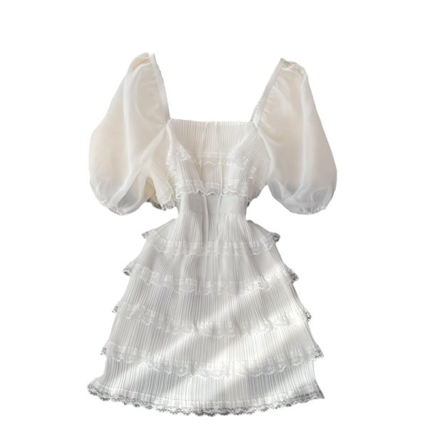 Gentle First Love Dress Summer New French Beach Seaside Vacation White Square-Cut Collar Cake Dress - Image 6