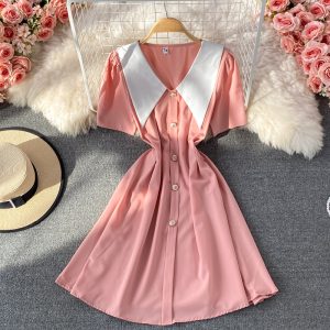 Summer New French Style Gentle Doll Collar Dress Tight Waist Graceful Puff Sleeve A- line Skirt Short Skirt