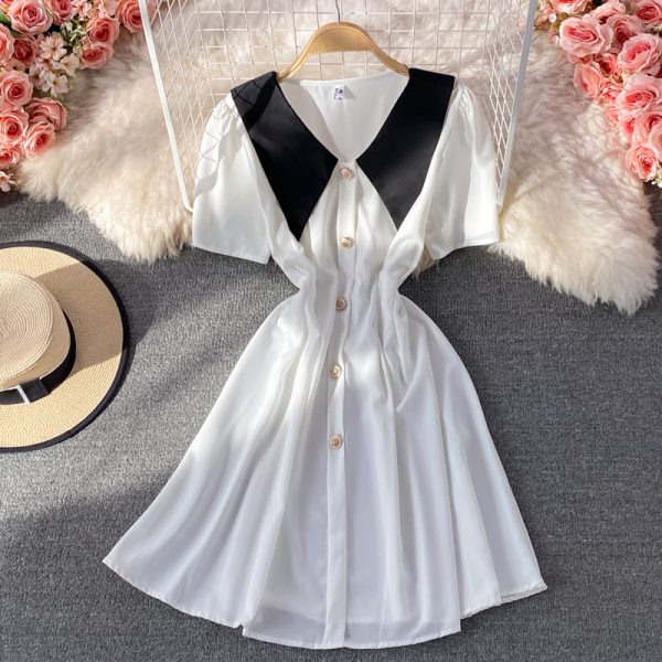 Summer New French Style Gentle Doll Collar Dress Tight Waist Graceful Puff Sleeve A- line Skirt Short Skirt - Image 3
