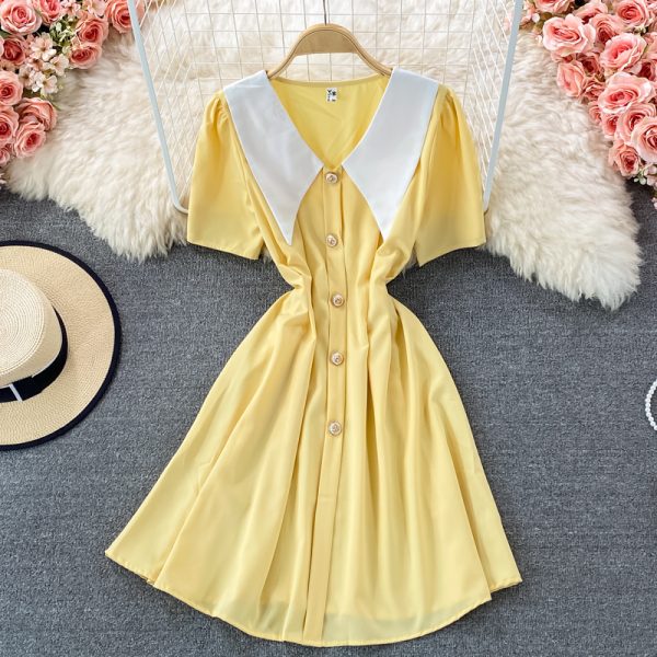 Summer New French Style Gentle Doll Collar Dress Tight Waist Graceful Puff Sleeve A- line Skirt Short Skirt - Image 4
