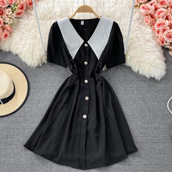 Summer New French Style Gentle Doll Collar Dress Tight Waist Graceful Puff Sleeve A- line Skirt Short Skirt - Image 5