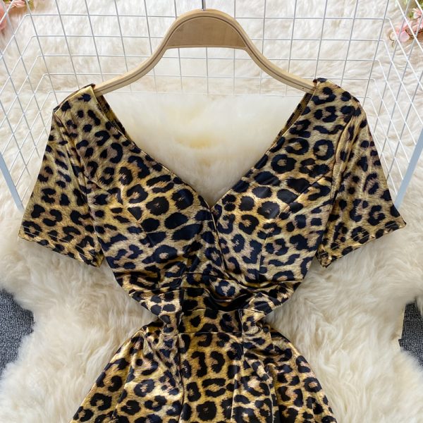 Fashionable Hot Girl Leopard Print Waist Slimming Elegant V-neck Dress Short Sleeve Summer French Style Small A- line Skirt - Image 3