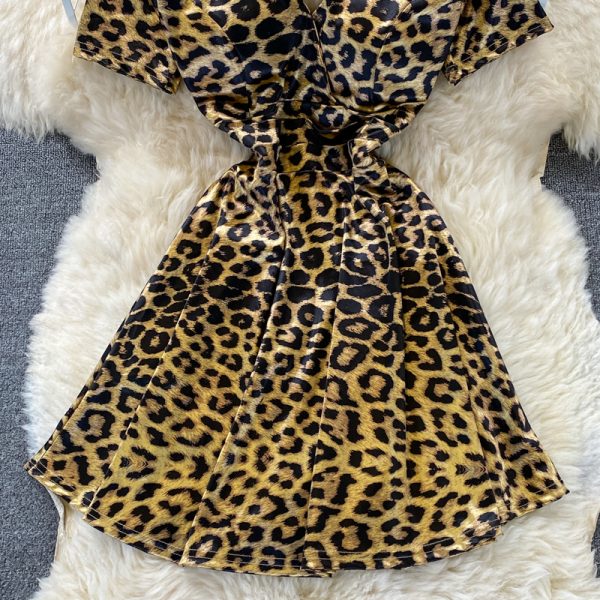 Fashionable Hot Girl Leopard Print Waist Slimming Elegant V-neck Dress Short Sleeve Summer French Style Small A- line Skirt - Image 4