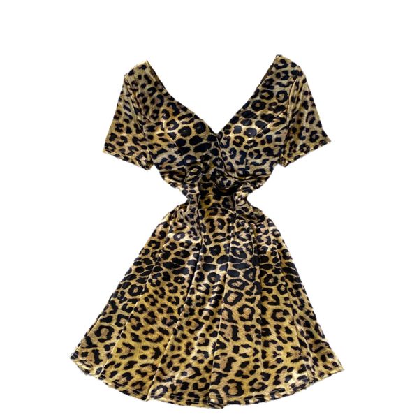 Fashionable Hot Girl Leopard Print Waist Slimming Elegant V-neck Dress Short Sleeve Summer French Style Small A- line Skirt - Image 6