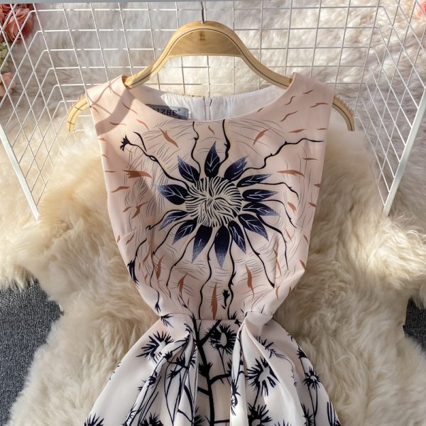 round Neck Dress New Summer Elegant Slim Fit Slimming Cinched Sleeveless Retro Printed Midi Dress for Women - Image 3