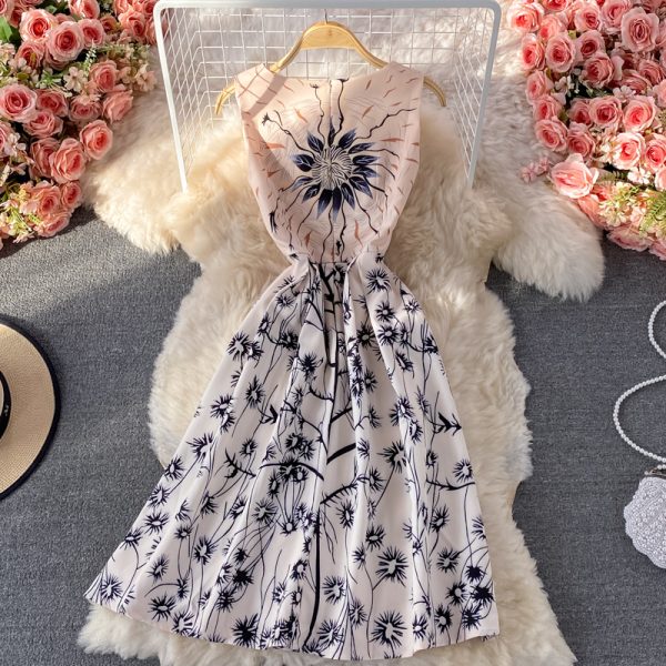 round Neck Dress New Summer Elegant Slim Fit Slimming Cinched Sleeveless Retro Printed Midi Dress for Women - Image 5