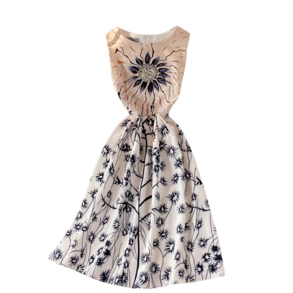round Neck Dress New Summer Elegant Slim Fit Slimming Cinched Sleeveless Retro Printed Midi Dress for Women - Image 6