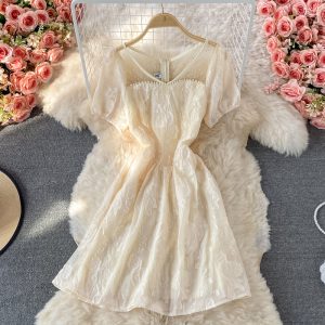 Evening Dress Summer Korean New Elegant Graceful Slim Fit Slimming Beaded V-neck Jacquard Dress Short Sleeve