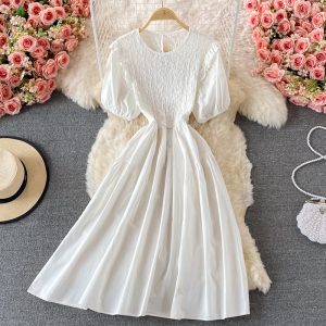 French Style Black round Neck Dress Summer Women’s Fashion Puff Sleeve Ruffled Waist-Tight Hong Kong Style Mid-Length Skirt