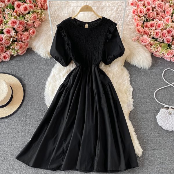 French Style Black round Neck Dress Summer Women’s Fashion Puff Sleeve Ruffled Waist-Tight Hong Kong Style Mid-Length Skirt - Image 3