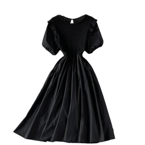 French Style Black round Neck Dress Summer Women’s Fashion Puff Sleeve Ruffled Waist-Tight Hong Kong Style Mid-Length Skirt - Image 6