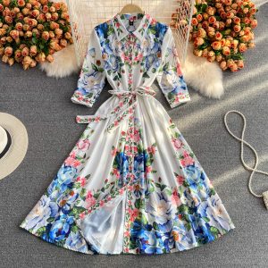 Retro Printed Court Style Lapel and Waist Tight Slimming Fairy Dress Half Sleeve Elegant Graceful Large Swing Mid-Length Skirt