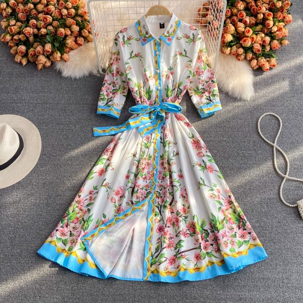 Retro Printed Court Style Lapel and Waist Tight Slimming Fairy Dress Half Sleeve Elegant Graceful Large Swing Mid-Length Skirt - Image 3