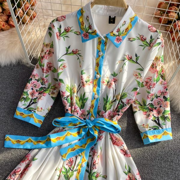 Retro Printed Court Style Lapel and Waist Tight Slimming Fairy Dress Half Sleeve Elegant Graceful Large Swing Mid-Length Skirt - Image 4