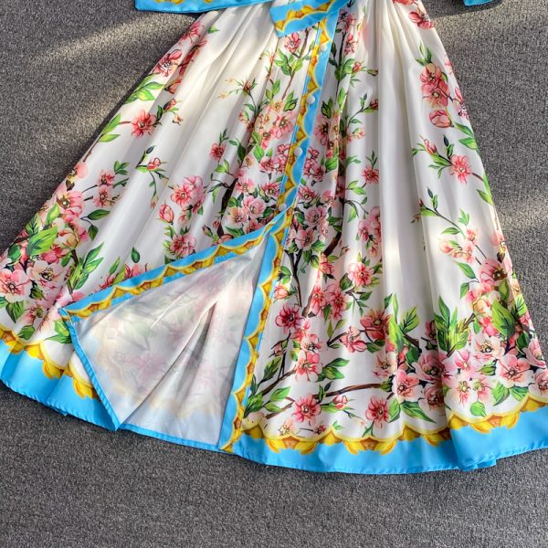 Retro Printed Court Style Lapel and Waist Tight Slimming Fairy Dress Half Sleeve Elegant Graceful Large Swing Mid-Length Skirt - Image 5