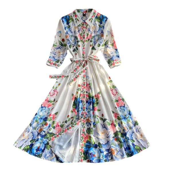Retro Printed Court Style Lapel and Waist Tight Slimming Fairy Dress Half Sleeve Elegant Graceful Large Swing Mid-Length Skirt - Image 6