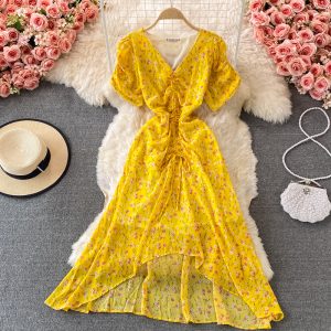 Women’s V-neck Pleated Slim-Fit Waist-Tight Chiffon Dress, Fashionable, Small, Clear and Loose, Floral Skirt