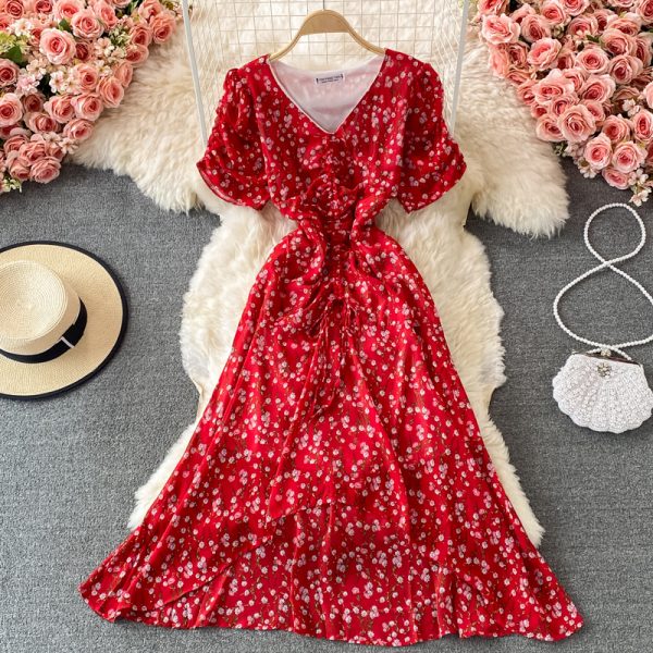 Women’s V-neck Pleated Slim-Fit Waist-Tight Chiffon Dress, Fashionable, Small, Clear and Loose, Floral Skirt - Image 3