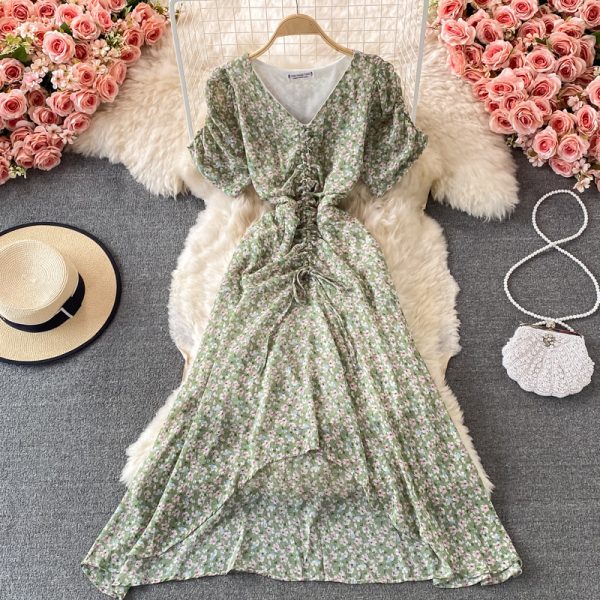 Women’s V-neck Pleated Slim-Fit Waist-Tight Chiffon Dress, Fashionable, Small, Clear and Loose, Floral Skirt - Image 4