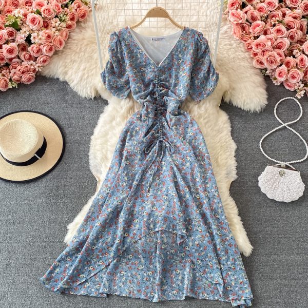 Women’s V-neck Pleated Slim-Fit Waist-Tight Chiffon Dress, Fashionable, Small, Clear and Loose, Floral Skirt - Image 5