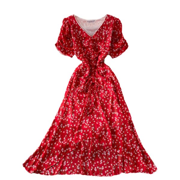 Women’s V-neck Pleated Slim-Fit Waist-Tight Chiffon Dress, Fashionable, Small, Clear and Loose, Floral Skirt - Image 6
