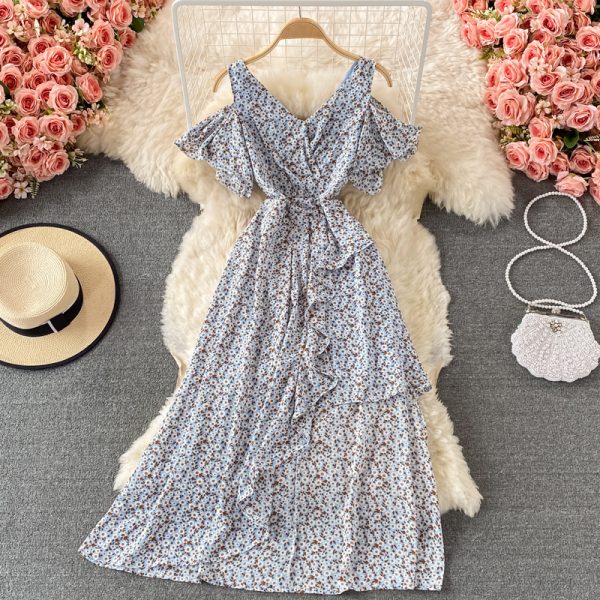 French Gentle V-neck Waist-Controlled Slimming Elegant Ruffle Dress with Short Sleeves Elegant Long Dress - Image 3