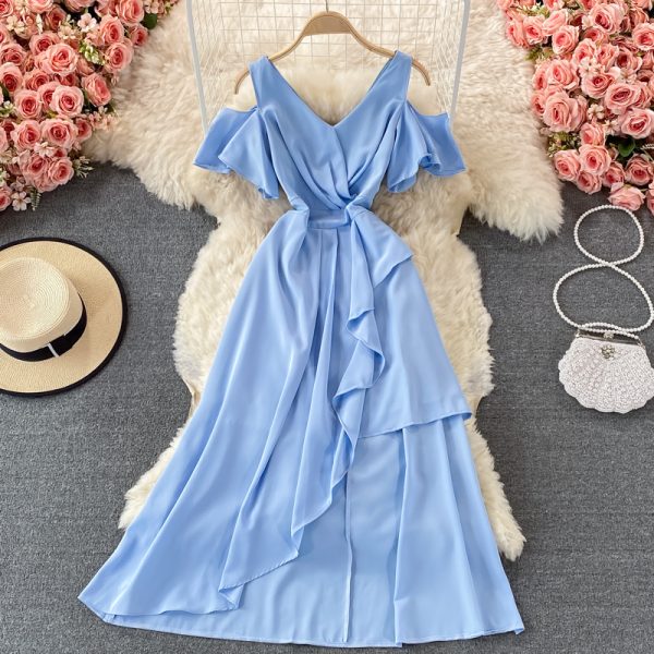 French Gentle V-neck Waist-Controlled Slimming Elegant Ruffle Dress with Short Sleeves Elegant Long Dress - Image 4