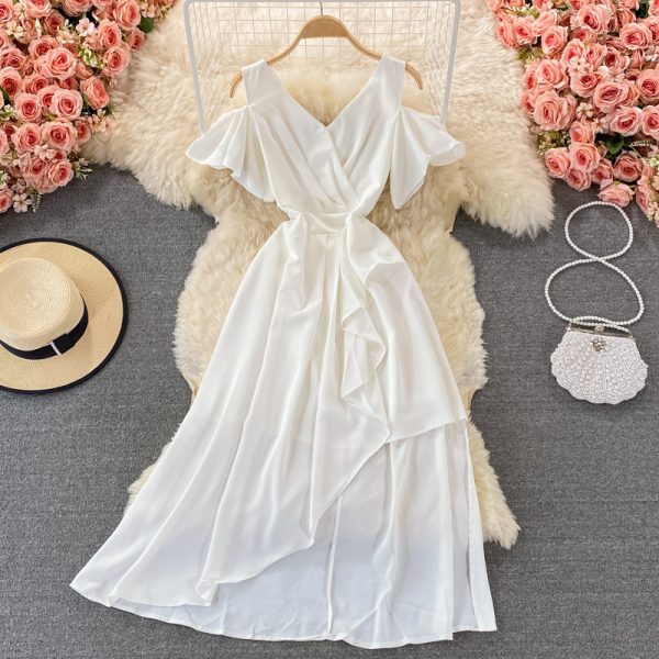 French Gentle V-neck Waist-Controlled Slimming Elegant Ruffle Dress with Short Sleeves Elegant Long Dress - Image 5