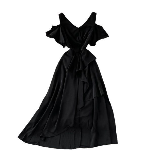 French Gentle V-neck Waist-Controlled Slimming Elegant Ruffle Dress with Short Sleeves Elegant Long Dress - Image 6