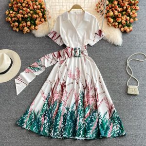 new spring and summer high-end short-sleeved elegant temperament retro print large-length skirt V-neck dress