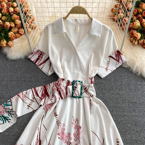 new spring and summer high-end short-sleeved elegant temperament retro print large-length skirt V-neck dress - Image 3