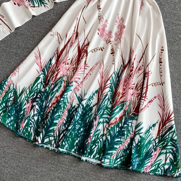new spring and summer high-end short-sleeved elegant temperament retro print large-length skirt V-neck dress - Image 4