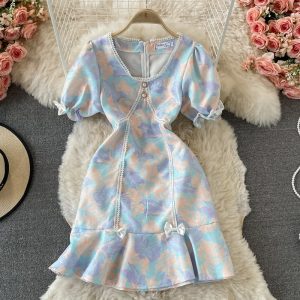 Fresh Sweet Waist Trimming Puff Sleeve Fishtail Sheath Dress for Women Summer New French Floral Skirt