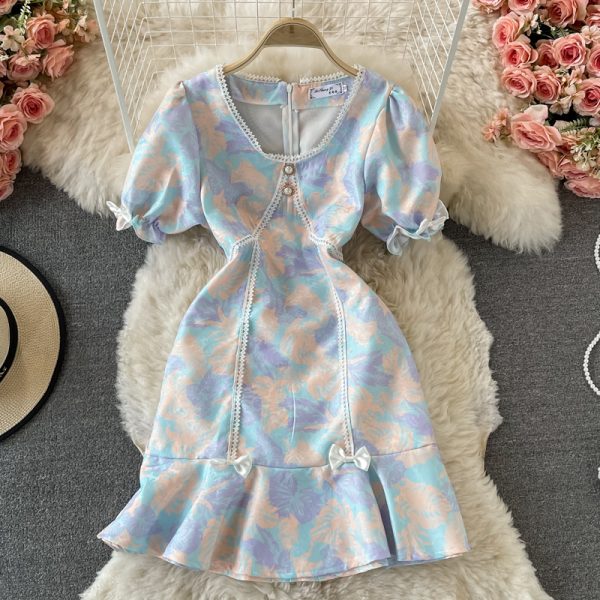 Fresh Sweet Waist Trimming Puff Sleeve Fishtail Sheath Dress for Women Summer New French Floral Skirt - Image 2