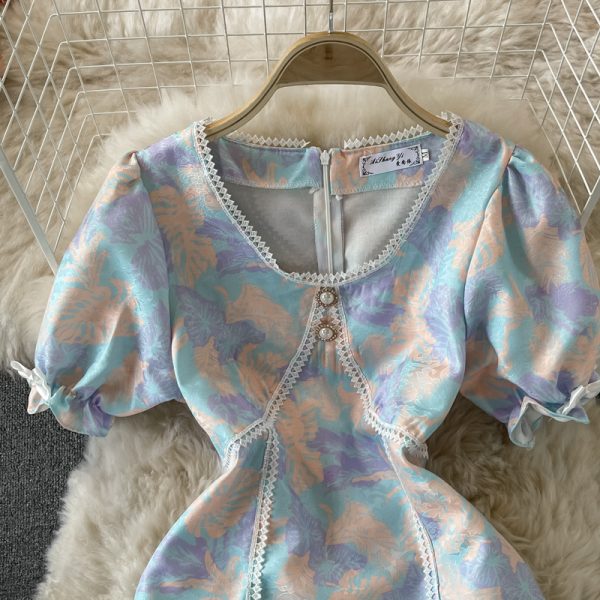 Fresh Sweet Waist Trimming Puff Sleeve Fishtail Sheath Dress for Women Summer New French Floral Skirt - Image 3