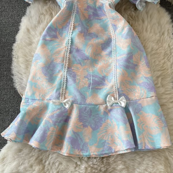 Fresh Sweet Waist Trimming Puff Sleeve Fishtail Sheath Dress for Women Summer New French Floral Skirt - Image 4