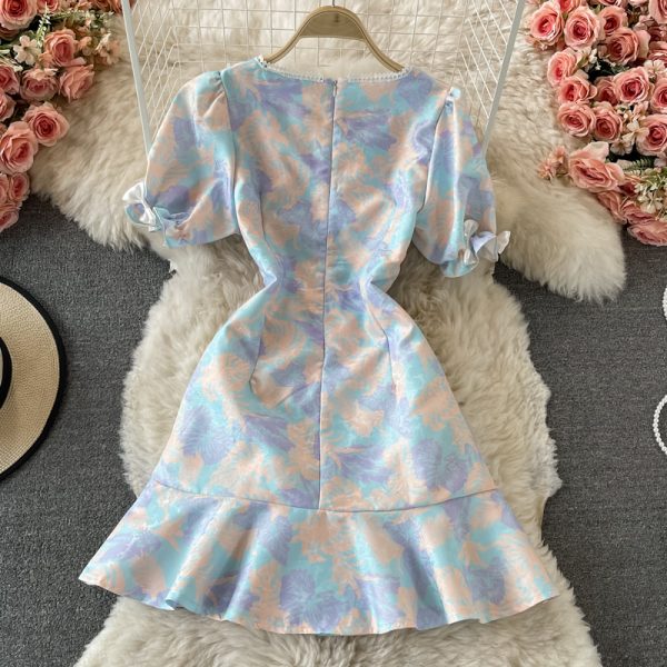 Fresh Sweet Waist Trimming Puff Sleeve Fishtail Sheath Dress for Women Summer New French Floral Skirt - Image 5