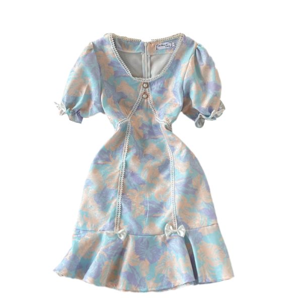Fresh Sweet Waist Trimming Puff Sleeve Fishtail Sheath Dress for Women Summer New French Floral Skirt - Image 6